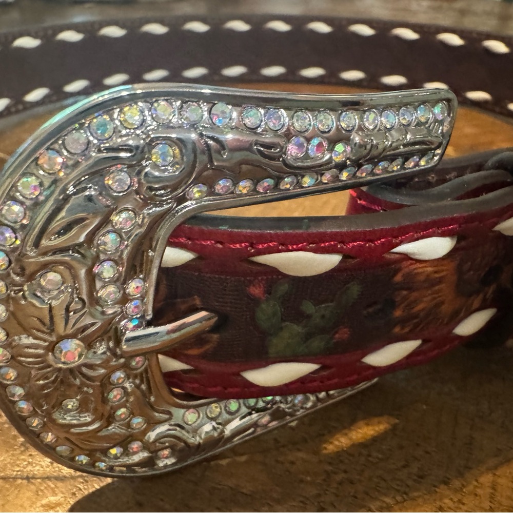 Rhinestone Western Floral Belt — Burgundy, White, Silver